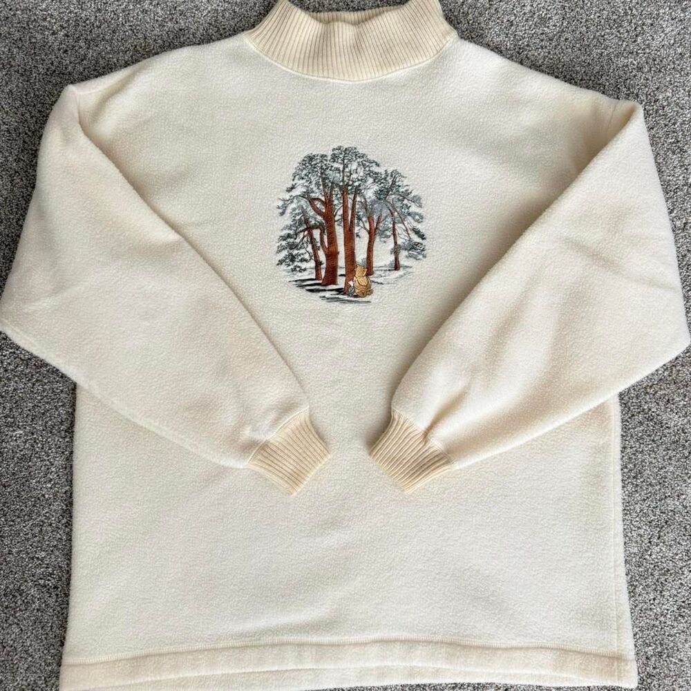 Vtg 90s Winnie The Pooh Fleece Sweatshirt Mock Neck Cream Cabincore Disney XL
